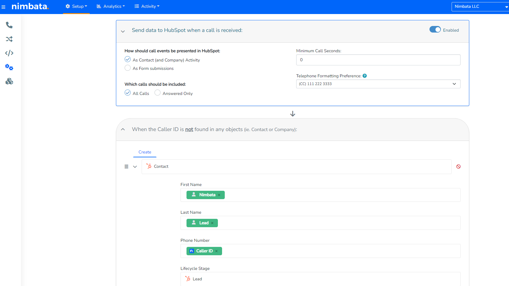 Choose to send call events as forms or contact activity